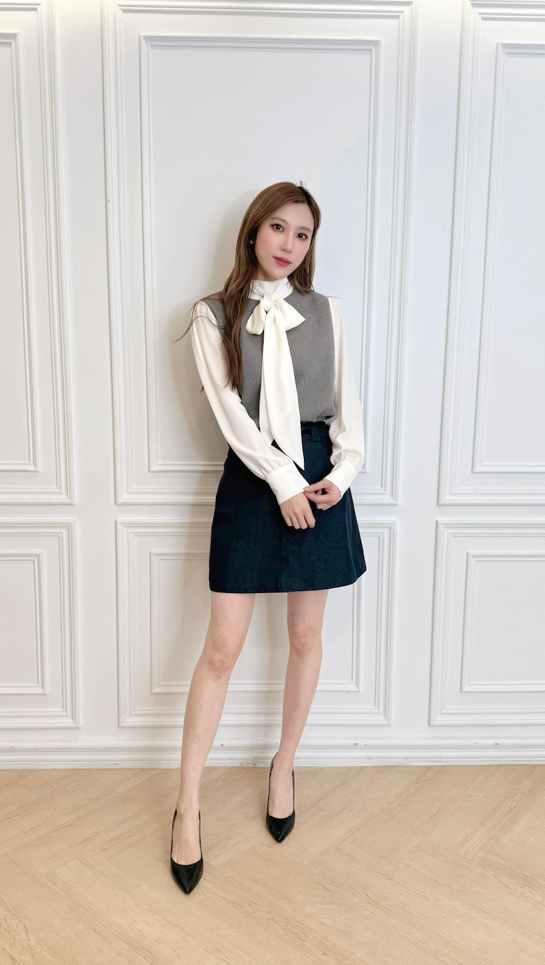 拼色織紋領巾上衣