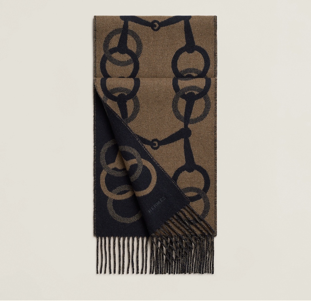 HERMES Any Mors muffler marine / étoupe (BROWN) 頸巾 圍巾