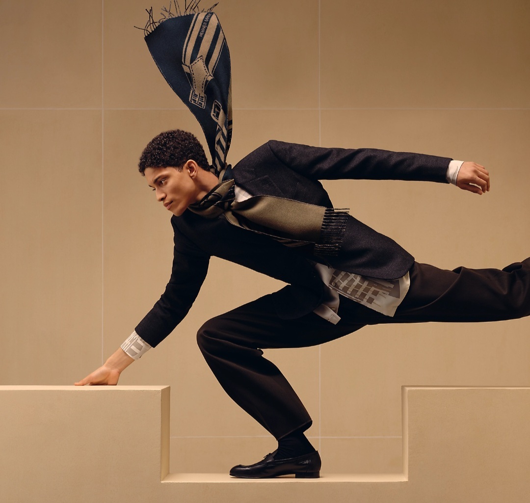 Hermes Sangles en Zig Zag muffler Étoupe / Marine 啡拼深藍 頸巾圍巾