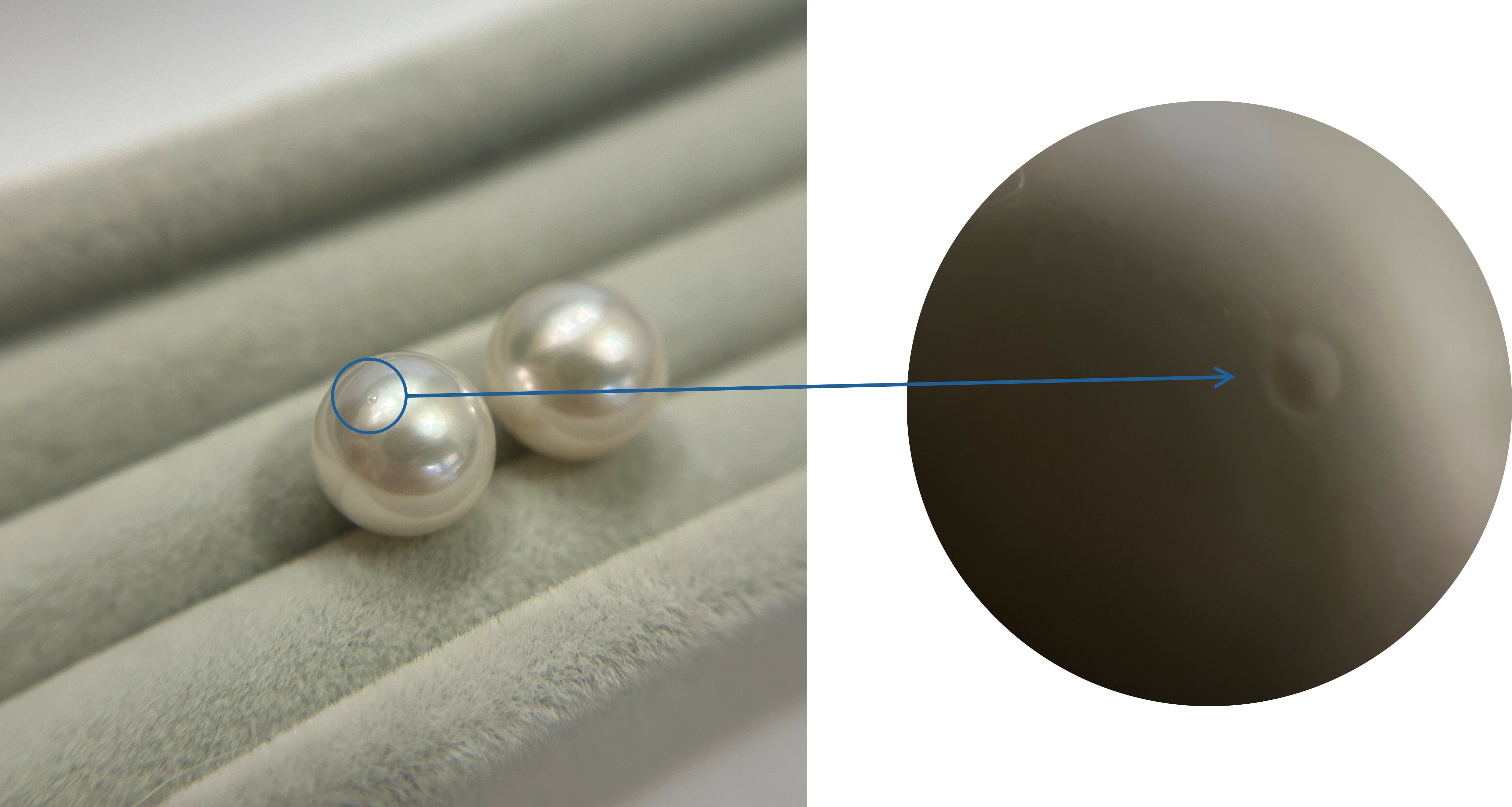 A tiny flaw on the surface of a cultured pearl.