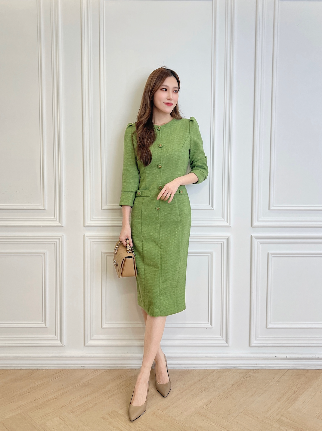 松花綠織紋長袖合身洋裝