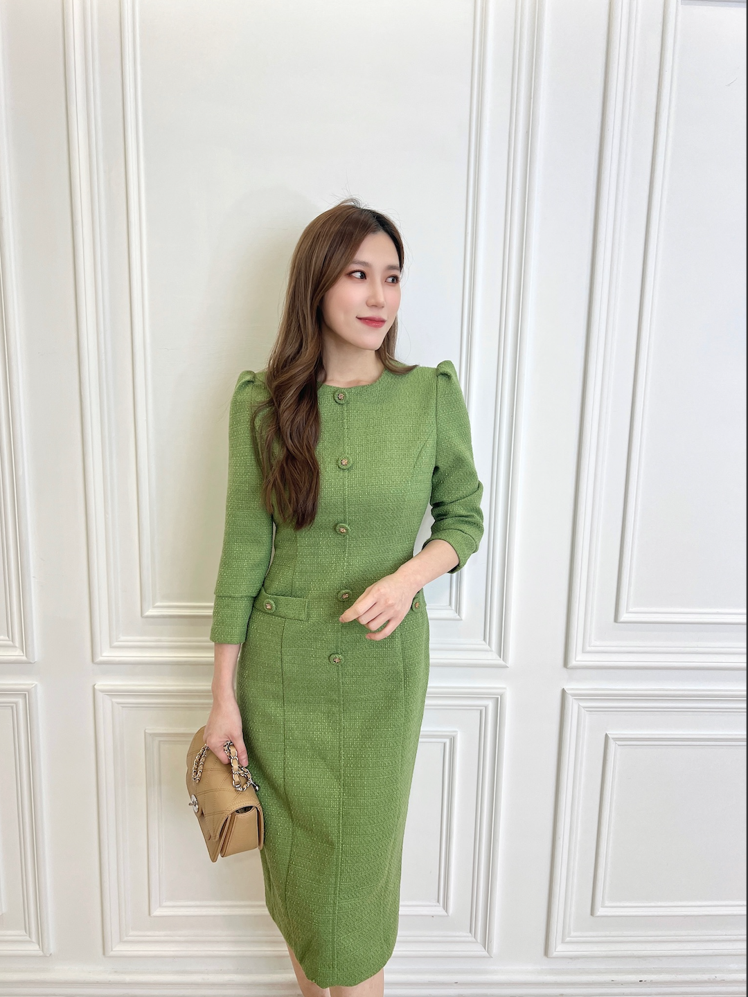 松花綠織紋長袖合身洋裝