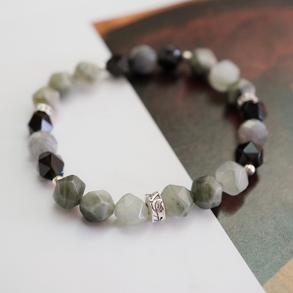 冬日慶典純銀手鍊(綠髮晶/金曜石/拉長石) /SB081|情侶水晶手鏈 避邪 招財防小人 中性手鍊 男生禮物 聖誕禮盒 客製尺寸