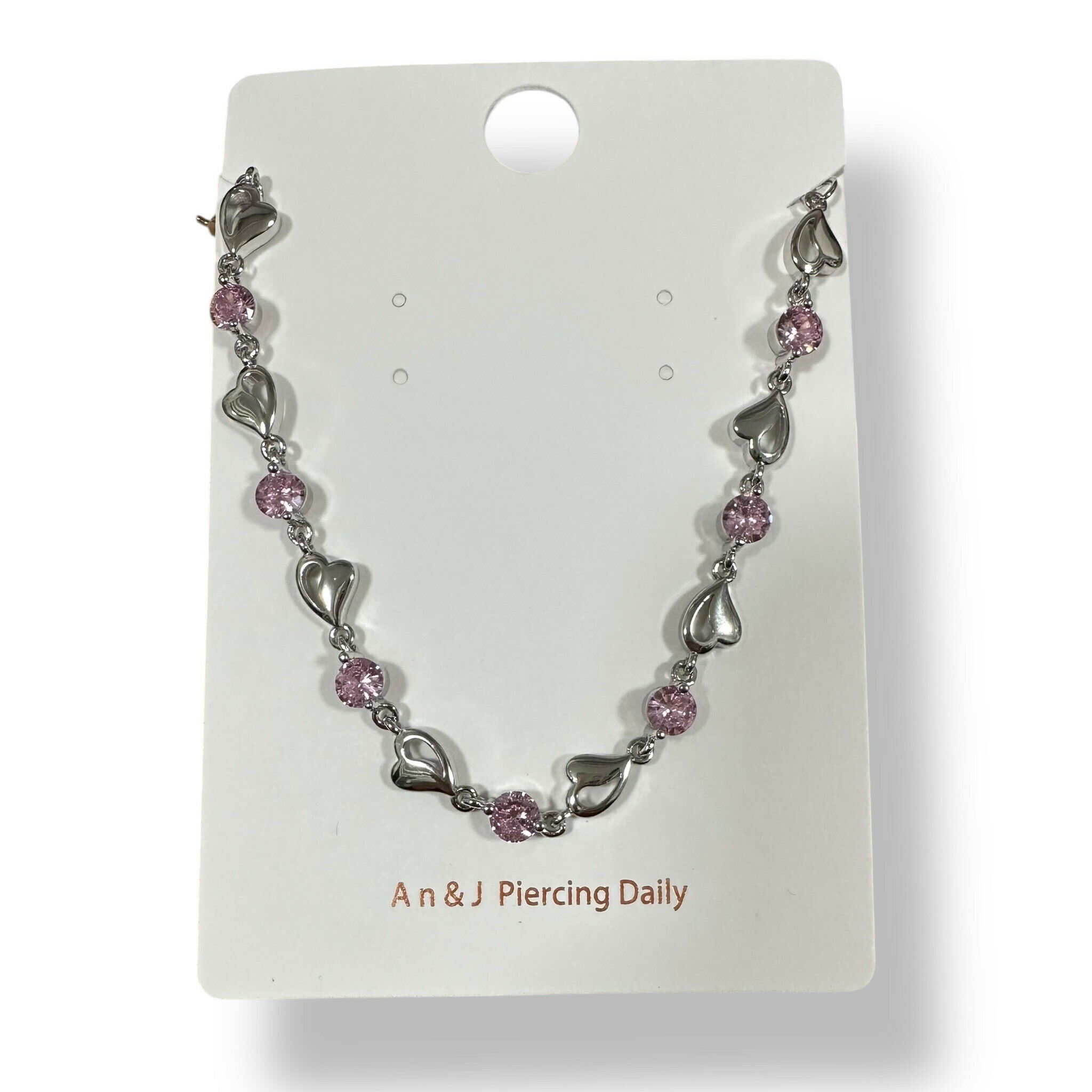 手鍊-半簍空愛心交錯圓鋯 粉(合金)