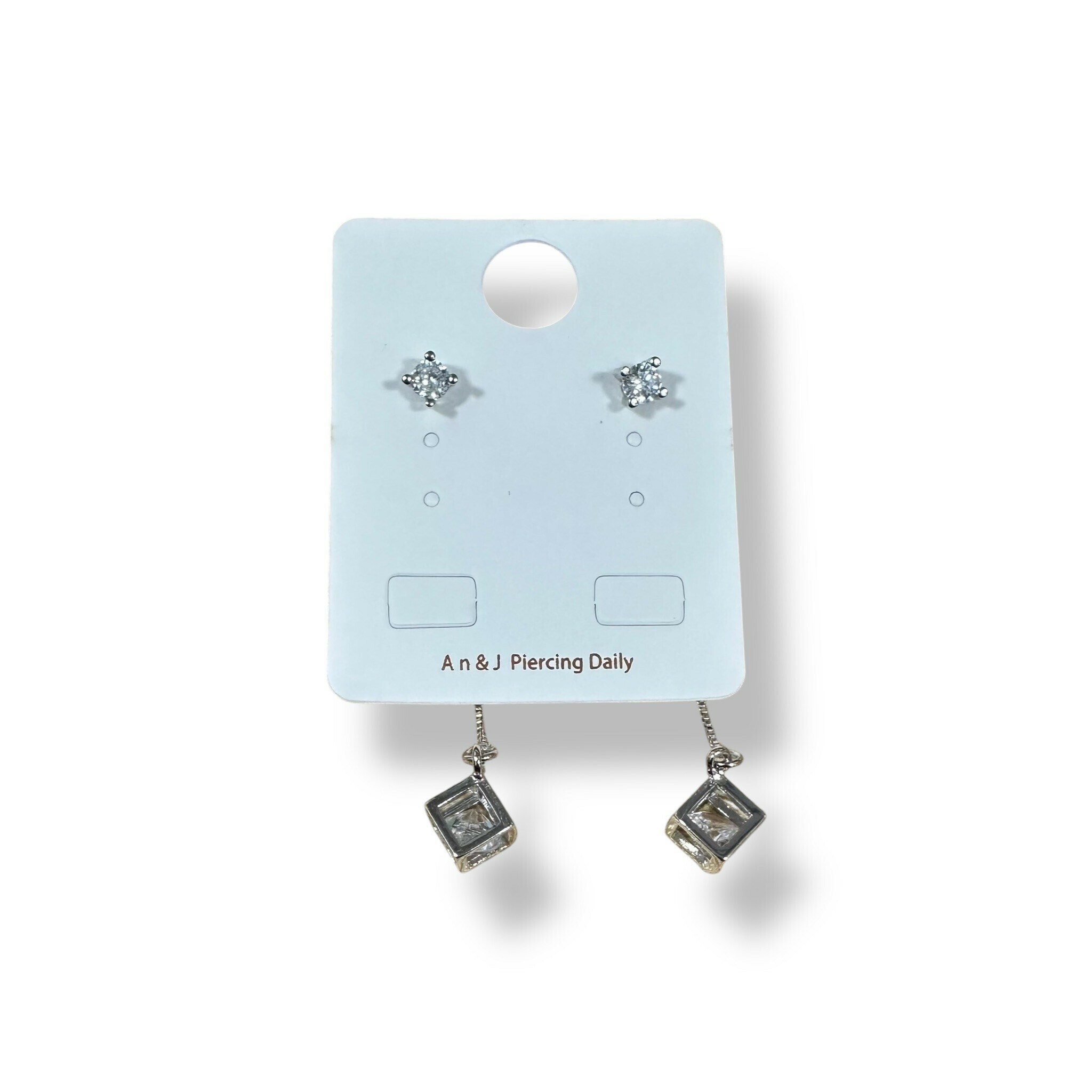 針式-白鋯後扣垂吊方框中鋯(銀針)