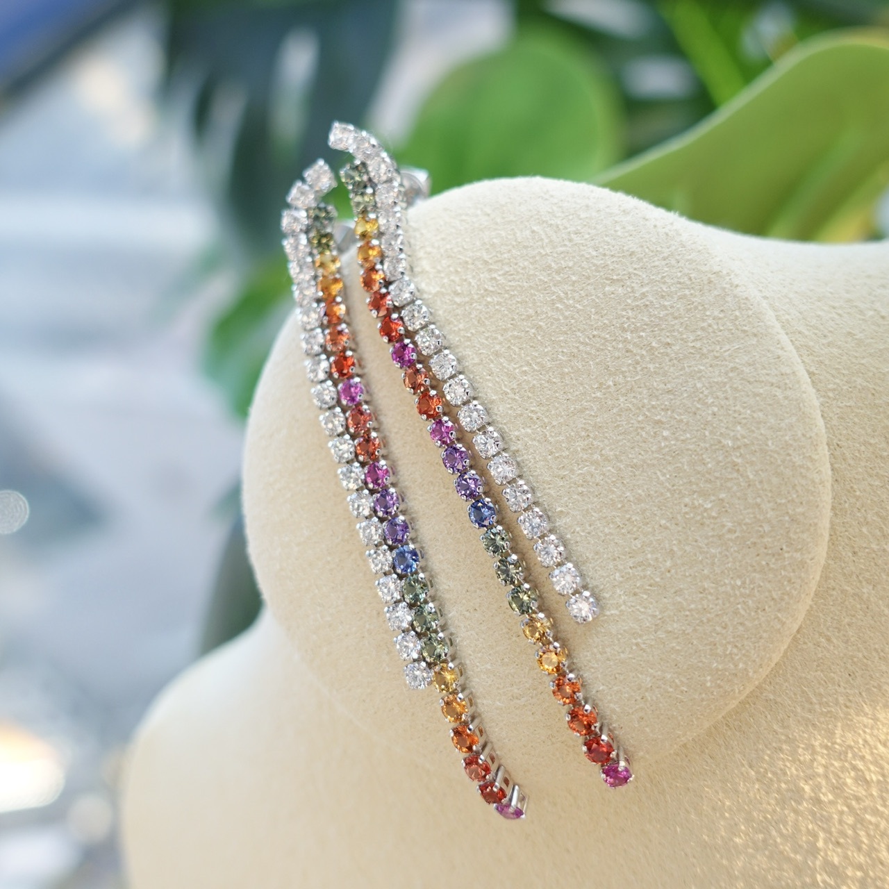 18K金彩虹藍寶石鑽石流蘇耳釘