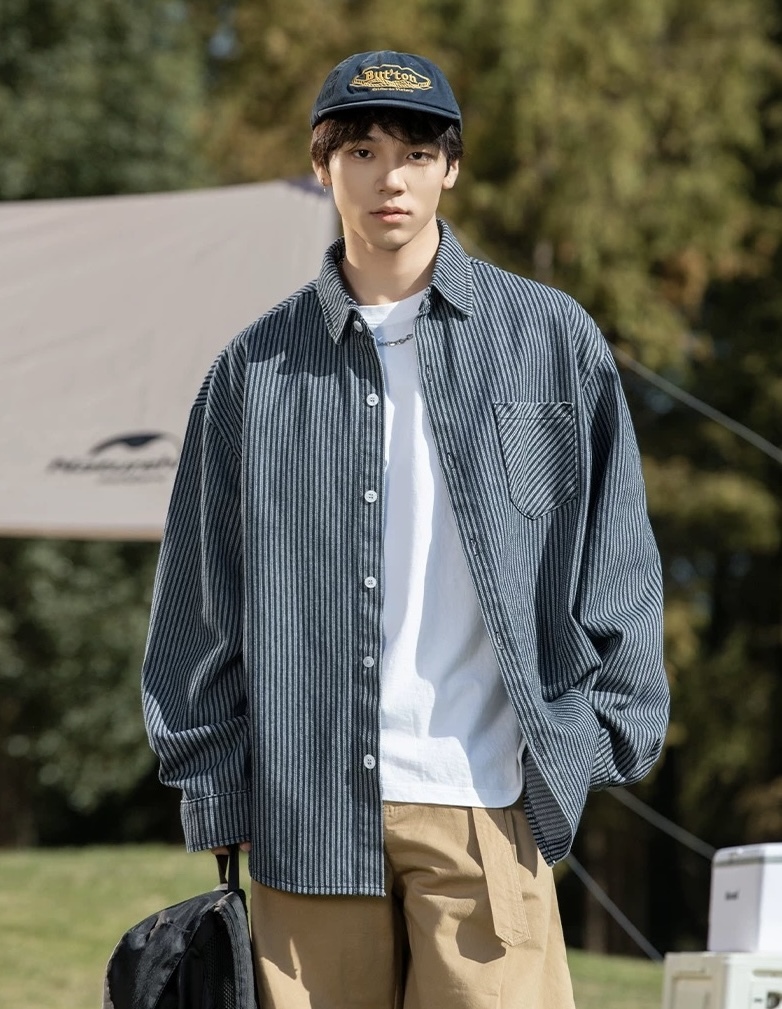 Doupicks 復古水洗牛仔條紋襯衫 日系選品