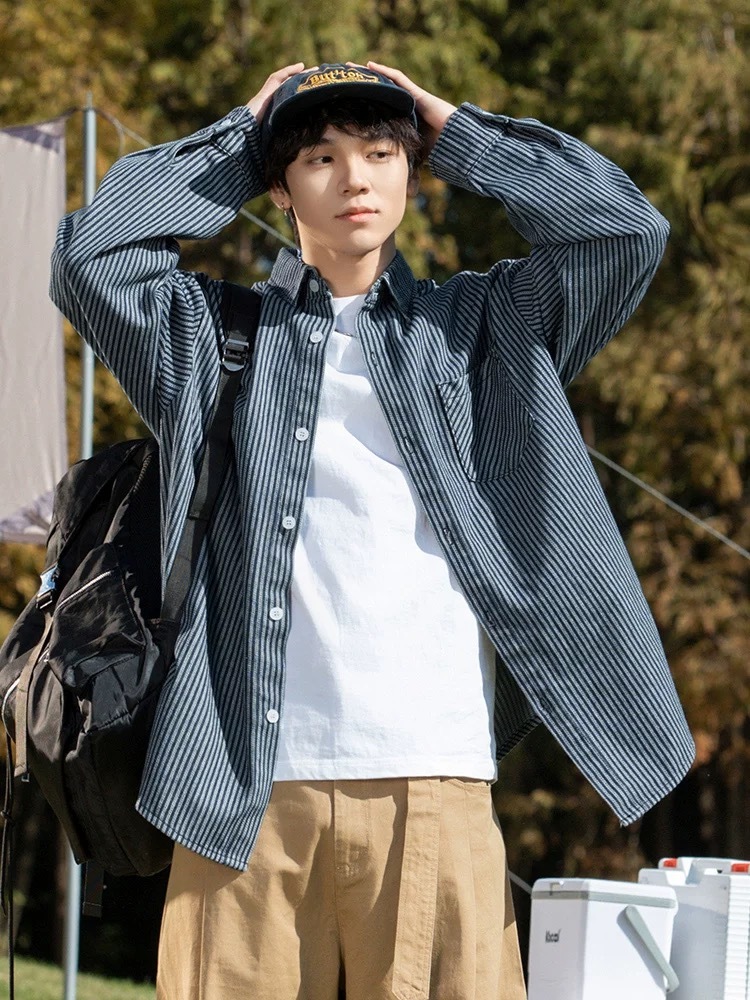 Doupicks 復古水洗牛仔條紋襯衫 日系選品