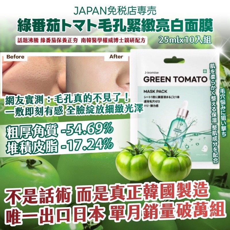 JAPAN免税店専売 綠番茄トマト毛孔緊緻亮白面膜(一組10片）