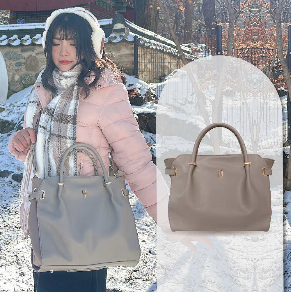 皮革鉑金媽咪包-沙色