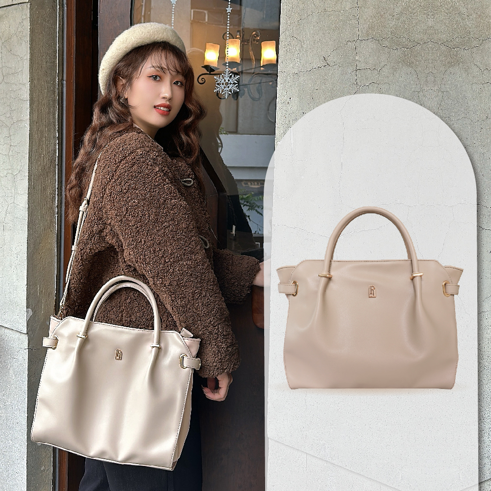 皮革鉑金媽咪包-卡其