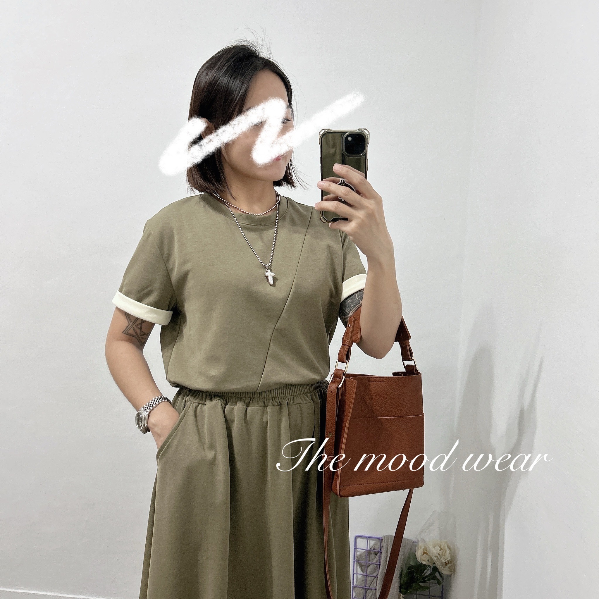 涼感套裝 短袖上衣+a字長裙 顯瘦套裝(黑色/綠色)