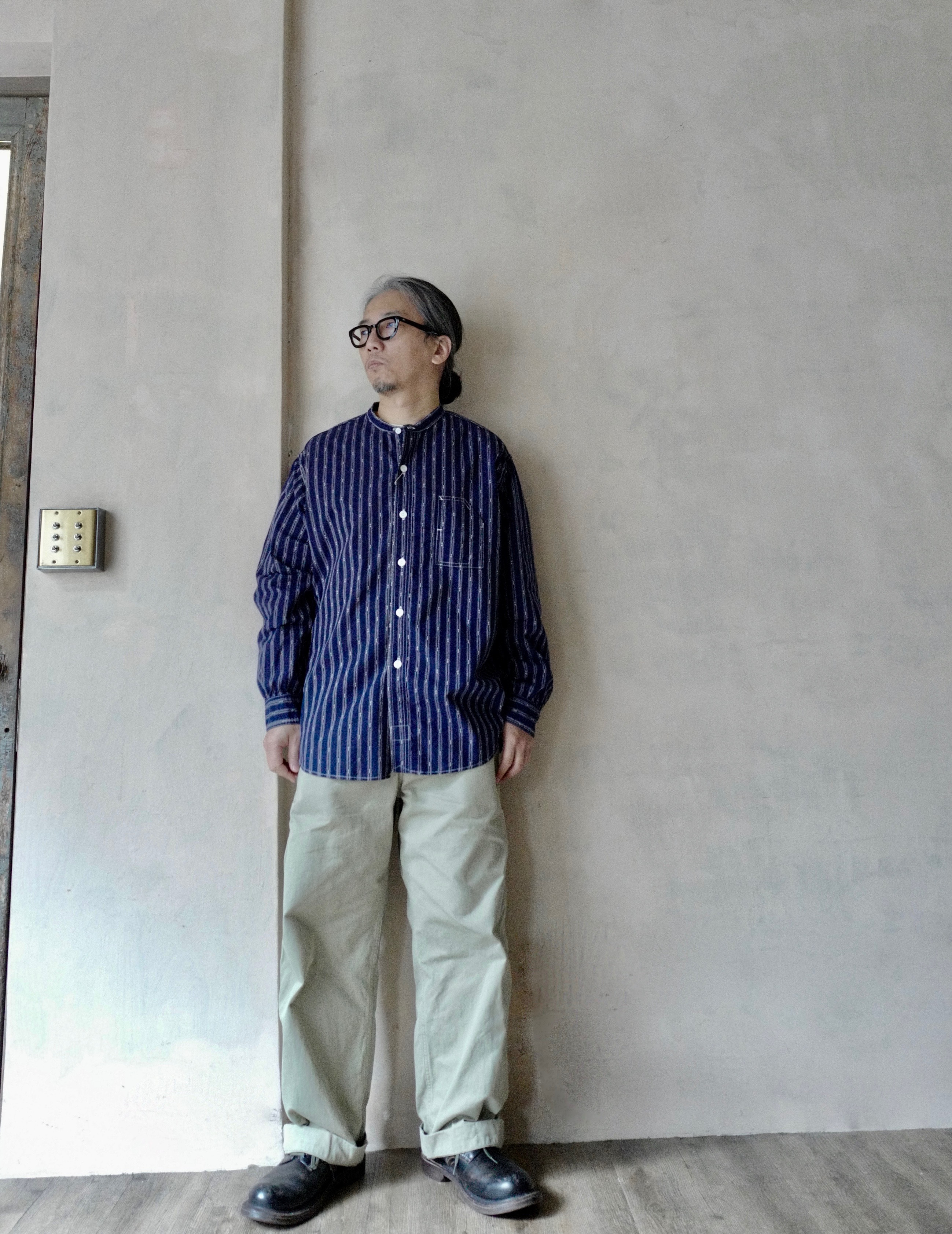 Post O'Alls #1203C-SSI Band Collar Shirt MV : stripe shirting indigo