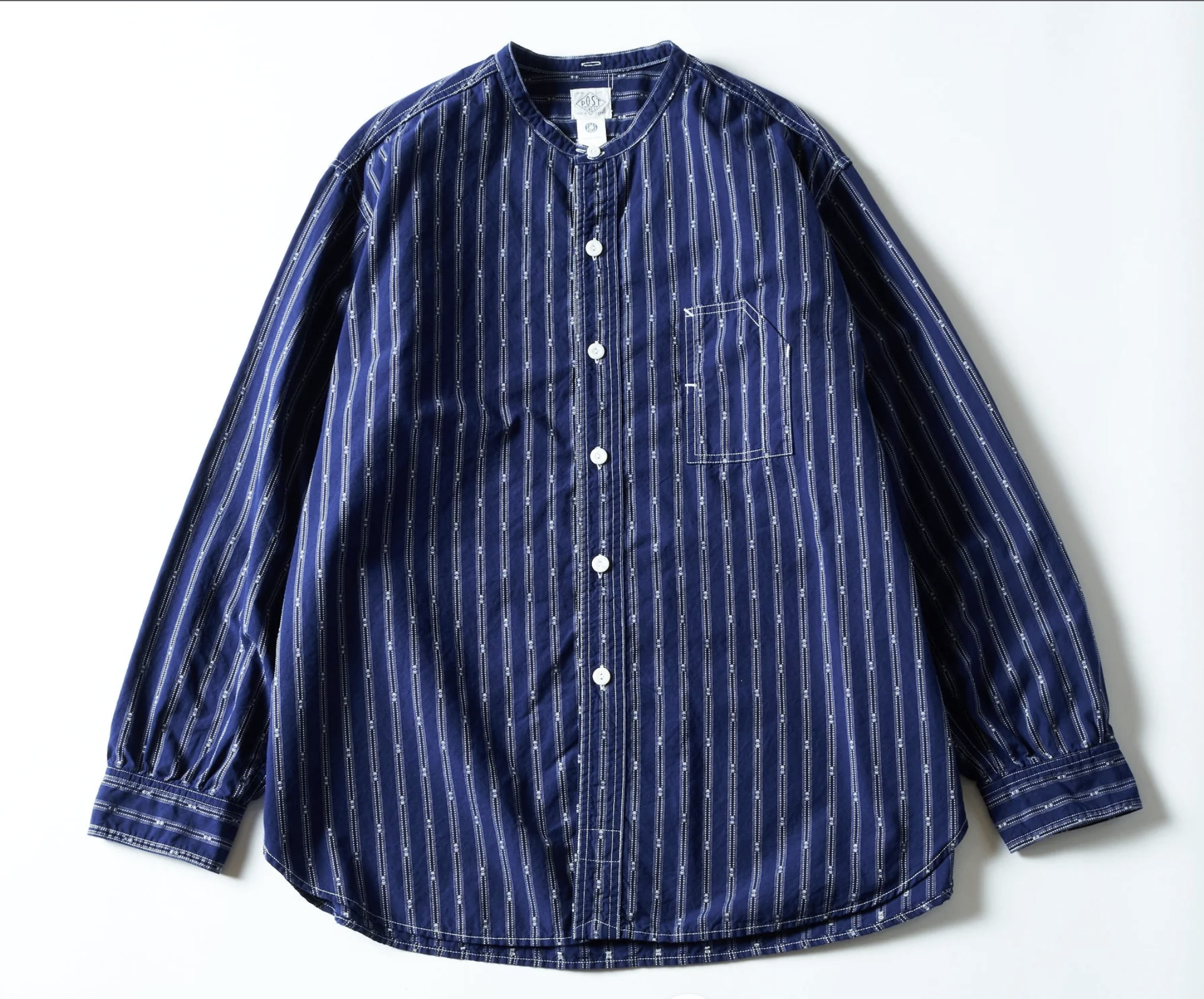 Post O'Alls #1203C-SSI Band Collar Shirt MV : stripe shirting indigo