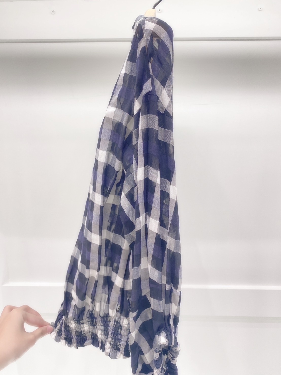 格子下擺鬆緊袖綁蝴蝶結上衣