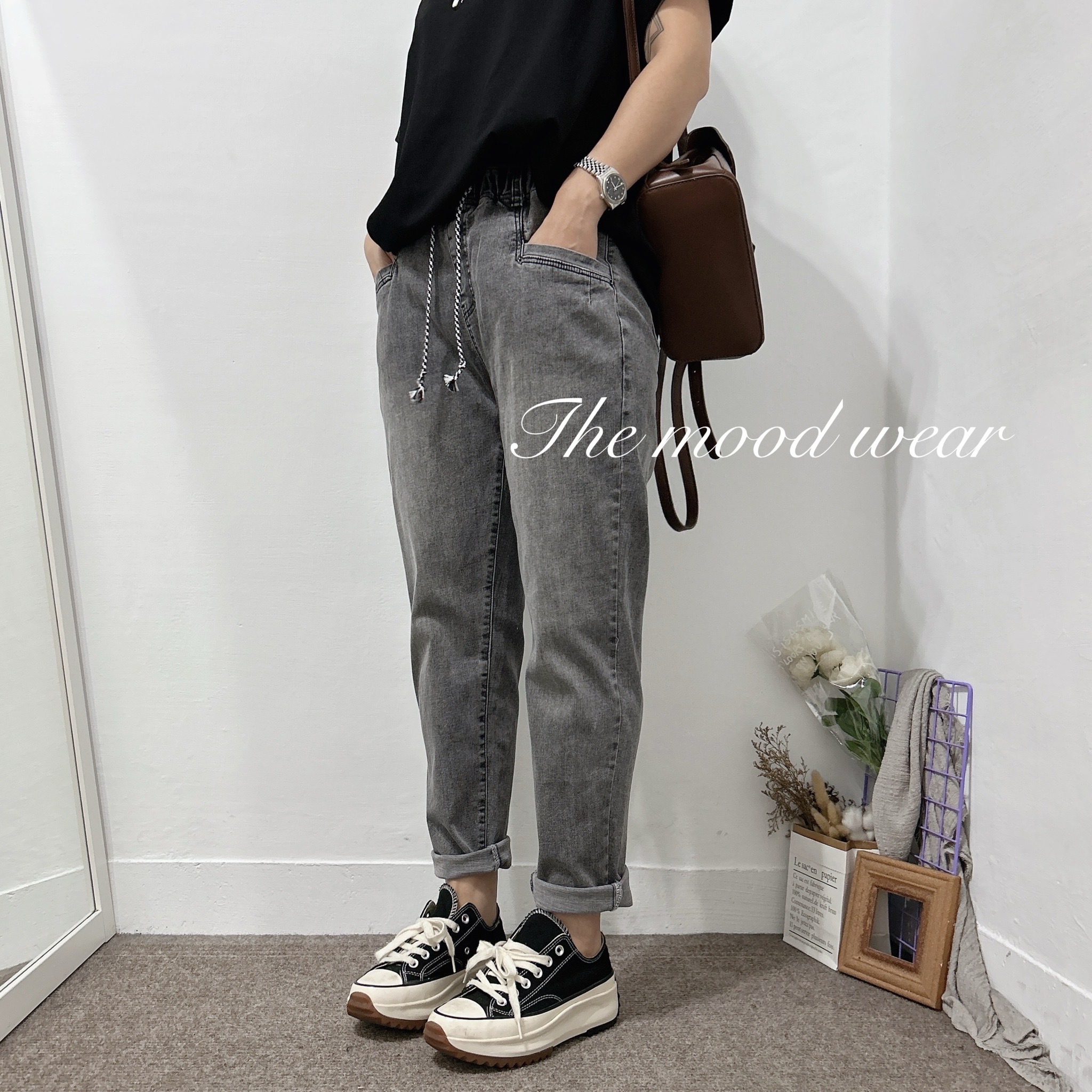 微胖穿搭鬆緊腰圍牛仔男友褲