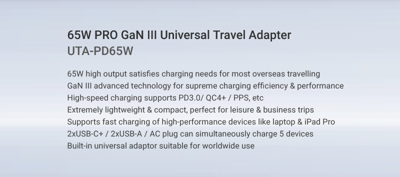 65W high output satisfies charging needs for most overseas travelling