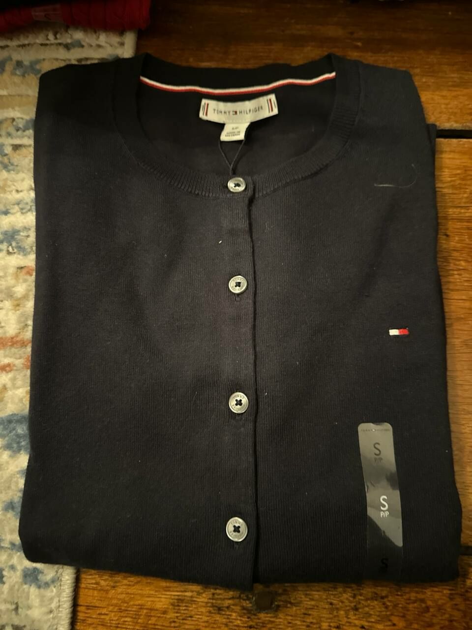 [S] TOMMY HILFIGER SOLID BUTTON-UP COTTON BLEND LADIES CARDIGAN,NAVY, 76J3613-410 [FINAL SALE] (STH955)