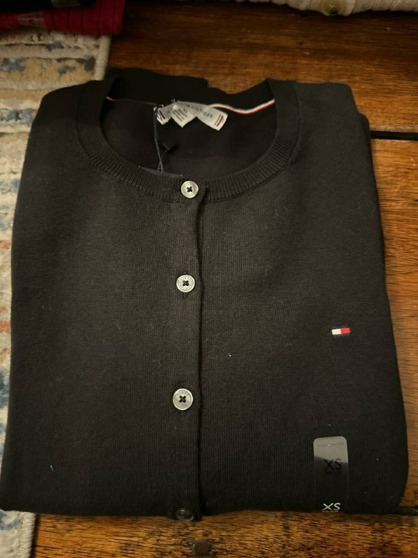 [S] TOMMY HILFIGER SOLID BUTTON-UP COTTON BLEND LADIES CARDIGAN,BLACK, 76J3613-001 (STH968)