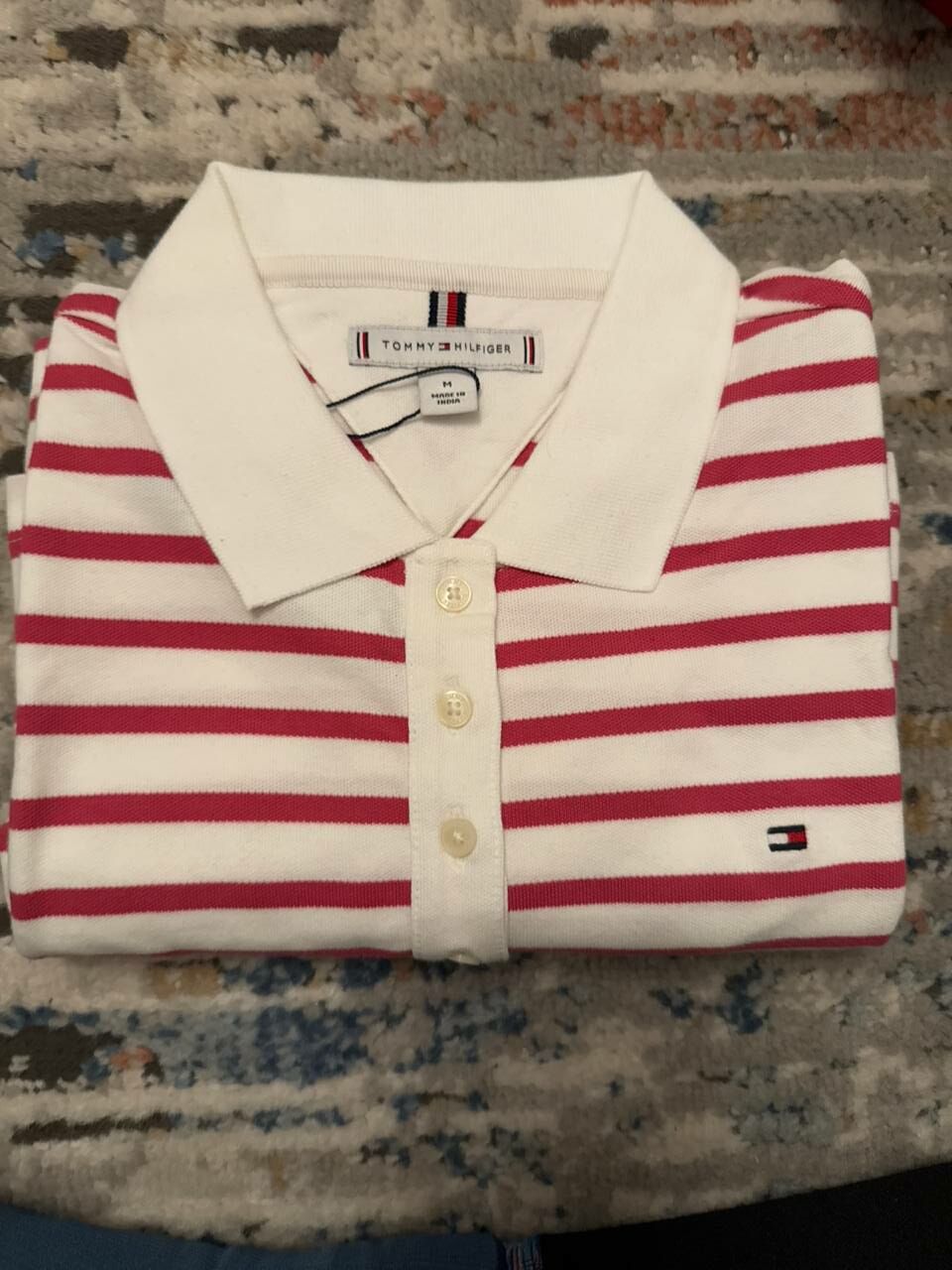 [S] TOMMY HILFIGER STRIPE STRETCH-COTTON LADIES POLO TEE, ROSE, 76J5200-640 (STH969)