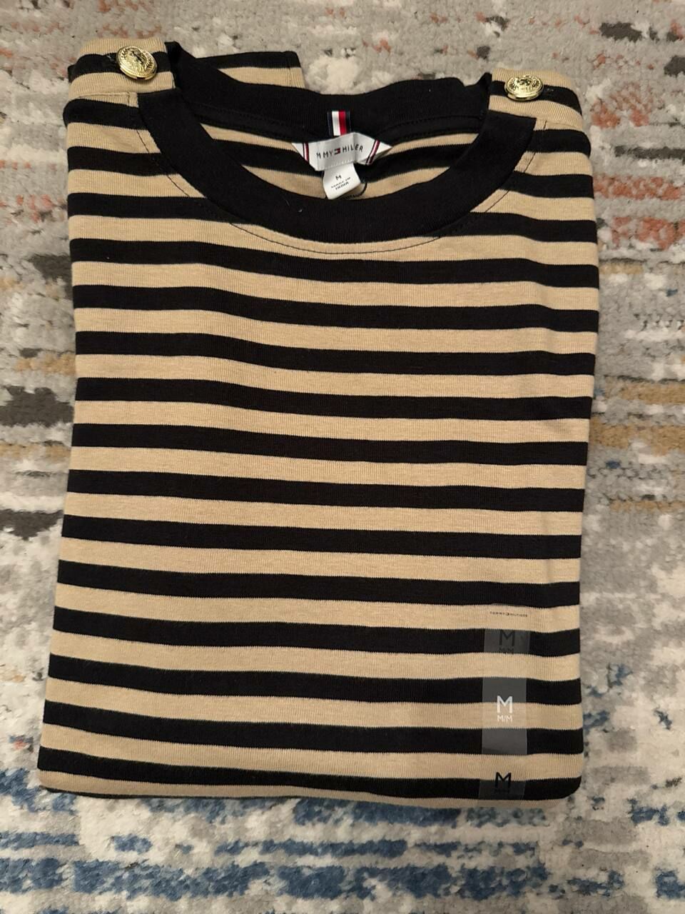 [S] TOMMY HILFIGER STRIPE GOLD-BUTTON FAVORITE T-SHIRT,BLACK, 76J5331-001 (STH981)