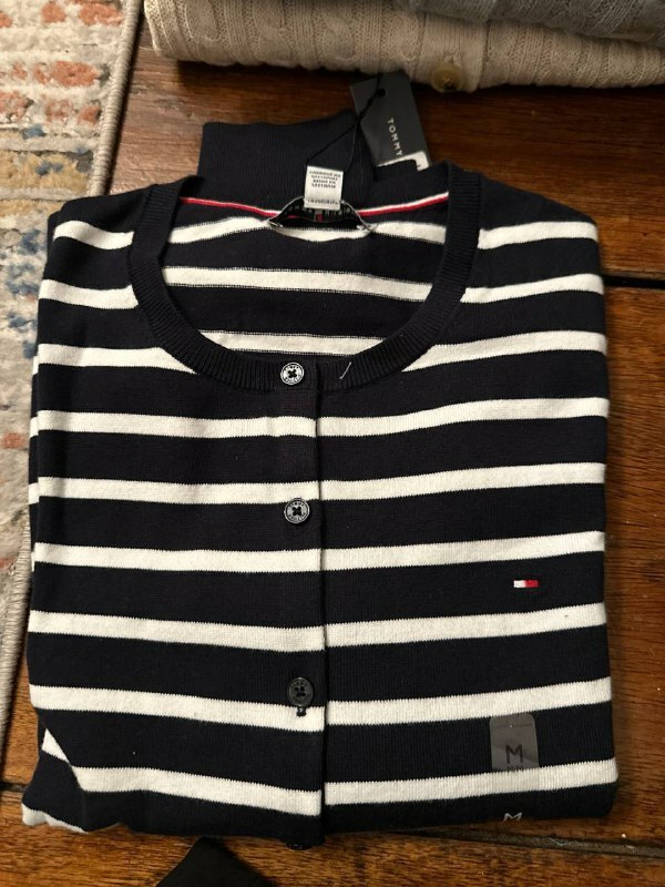 [S] TOMMY HILFIGER LADIES STRIPED ROUND NECK BASIC CARDIGAN,NAVY, 76J5137-410 (STH984)