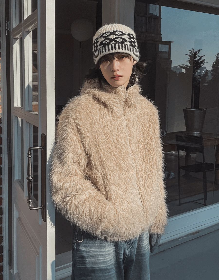 高領毛絨連帽鋪棉外套