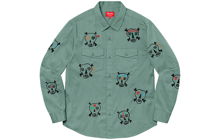 【代購】Supreme Clayton Patterson Skulls Embroidered Work Shirt