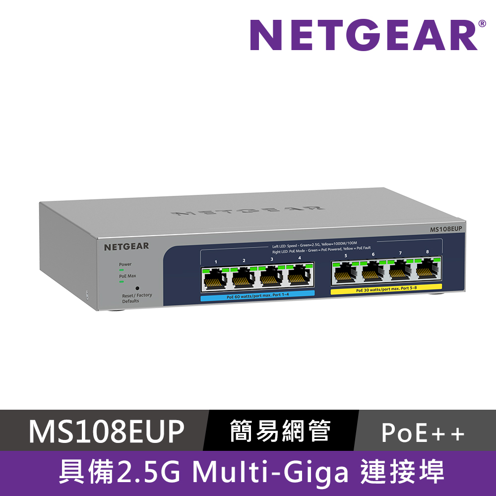 NETGEAR MS108EUP  8埠 1G/2.5G Gigabit PoE++ 簡易管理交換器 總PoE瓦數230W