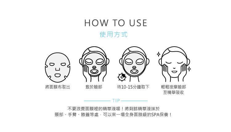 面膜使用方式:將面膜布取出,貼於臉部肌膚,等待10-15分鐘取下,輕拍至精華吸收,剩餘的精華液可以塗抹於頸部、手臂、膝蓋等處
