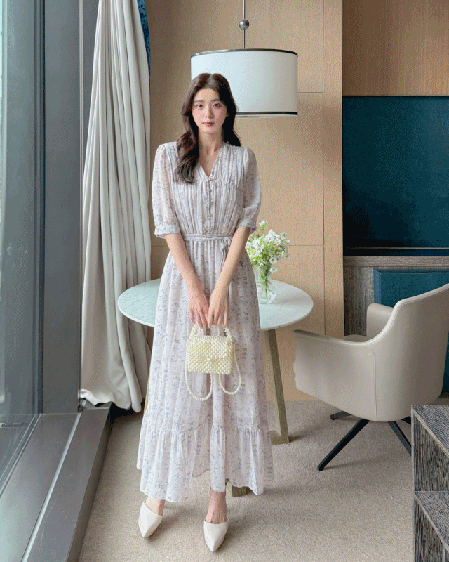 LINA LINA柔美淡雅滿版碎花壓褶造型洋裝-唯美紫花