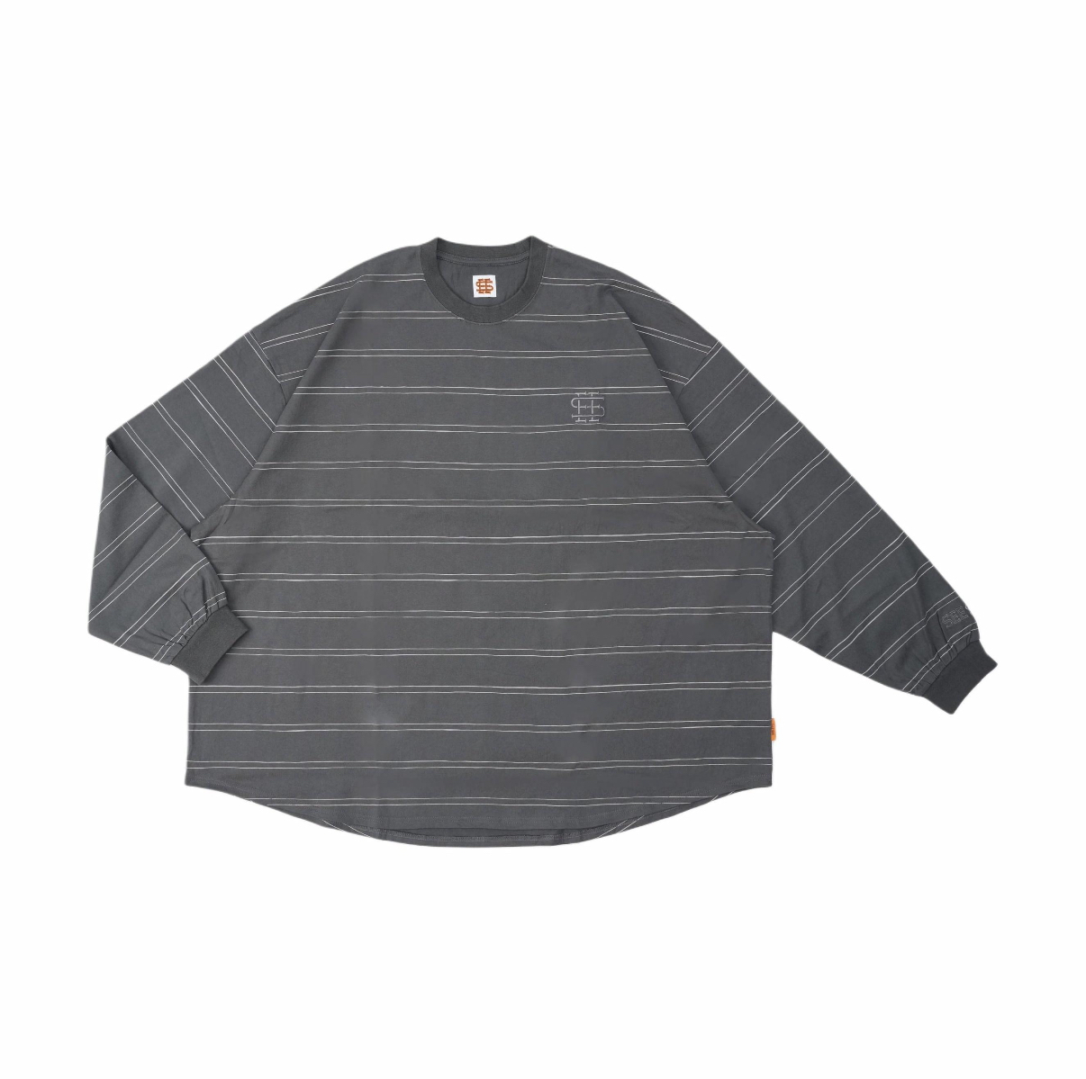 SEE SEE X GROUND FLOOR MACAU X LIVIN' SUPER BIG ROUND LS DOUBLE STRIPE TEE 聯名 條紋 圓領 刺繡 LOGO 薄長T 男女同款 灰色/卡其