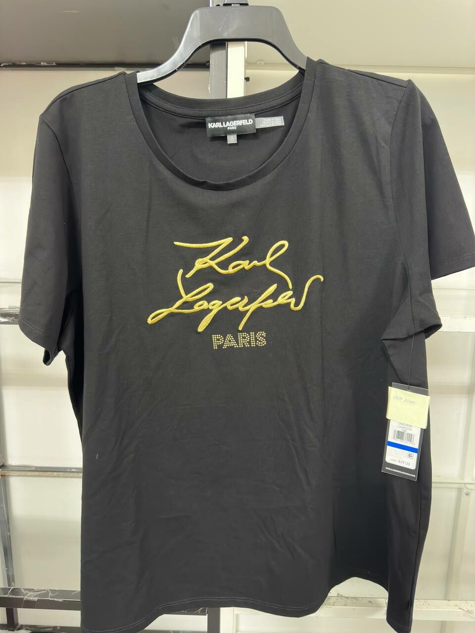 [S] KARL LAGERFELD PARIS WOMEN'S EMBELLISHED CREWNECK TEE,BLACK GOLD, L3WHC036-BGD (SKL1208)