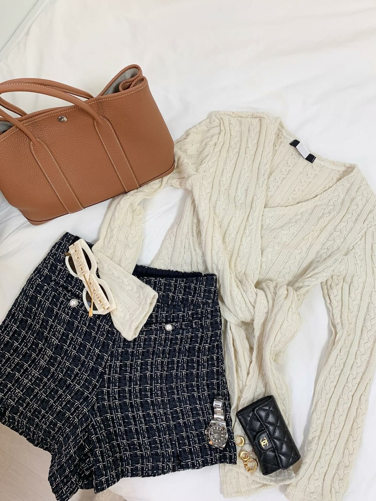 Tweed拼色格仔珍珠鈕短褲