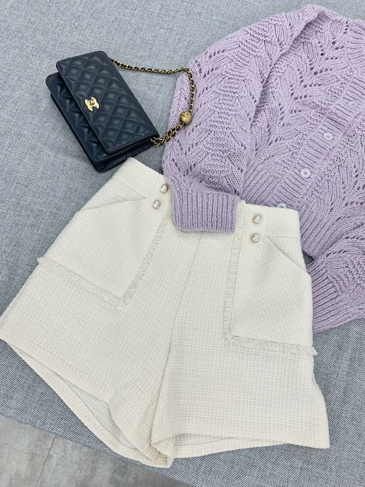 Tweed流蘇珍珠短褲(米白色)