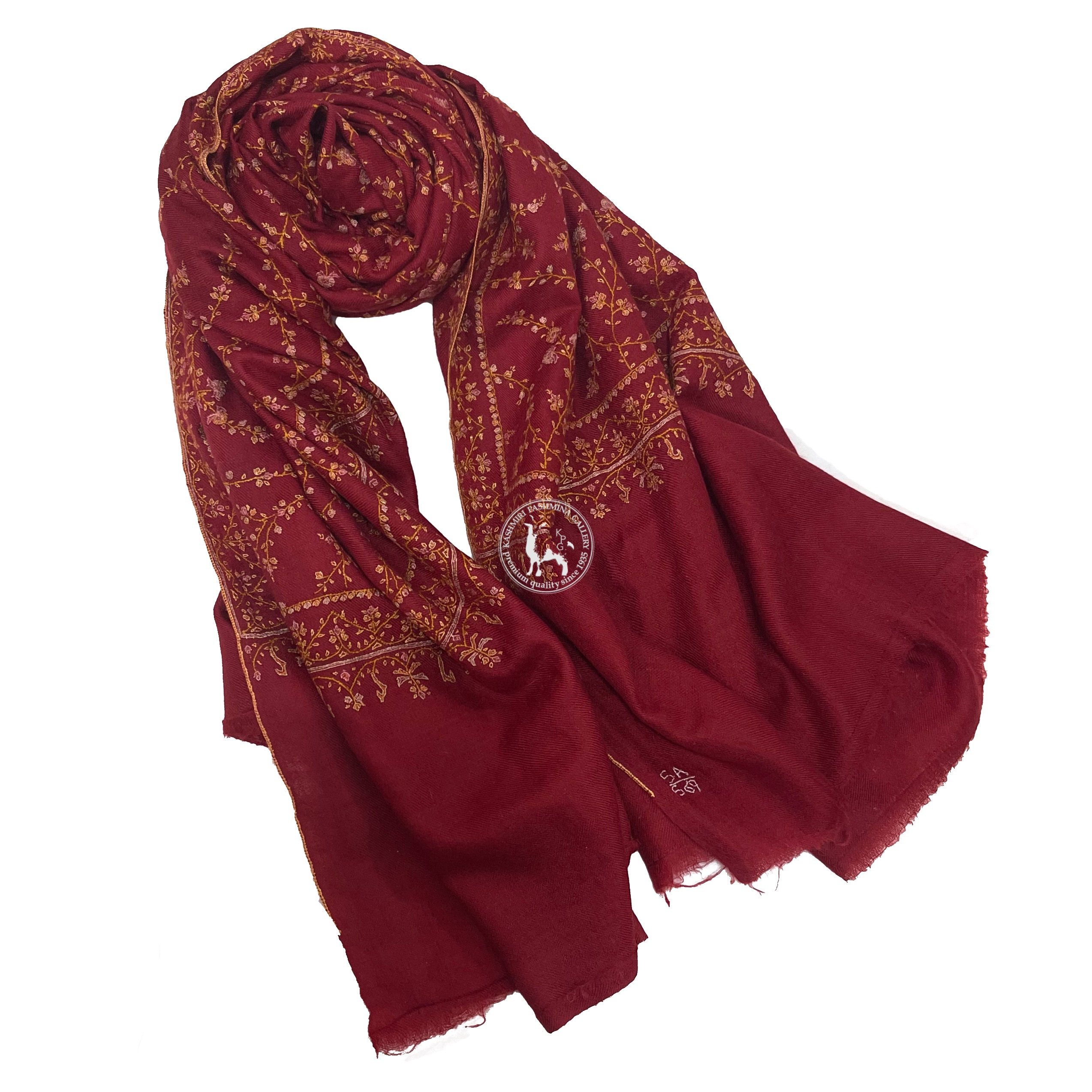 暗紅色刺繡喀什米爾羊絨披肩