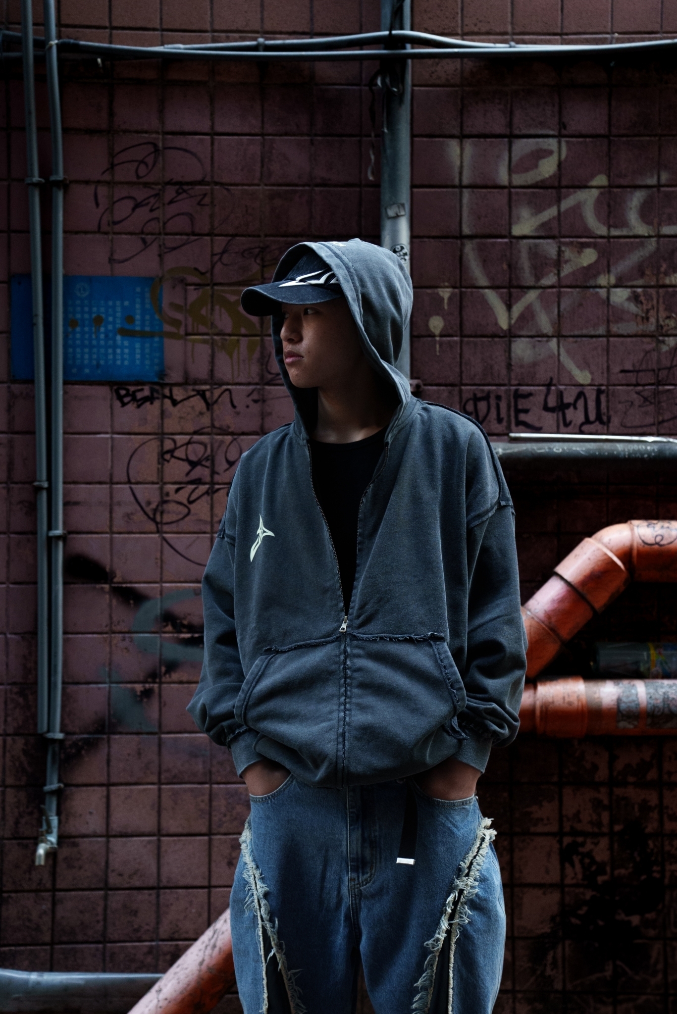 Washed Thermal Zip Hoodie MIKADO着用