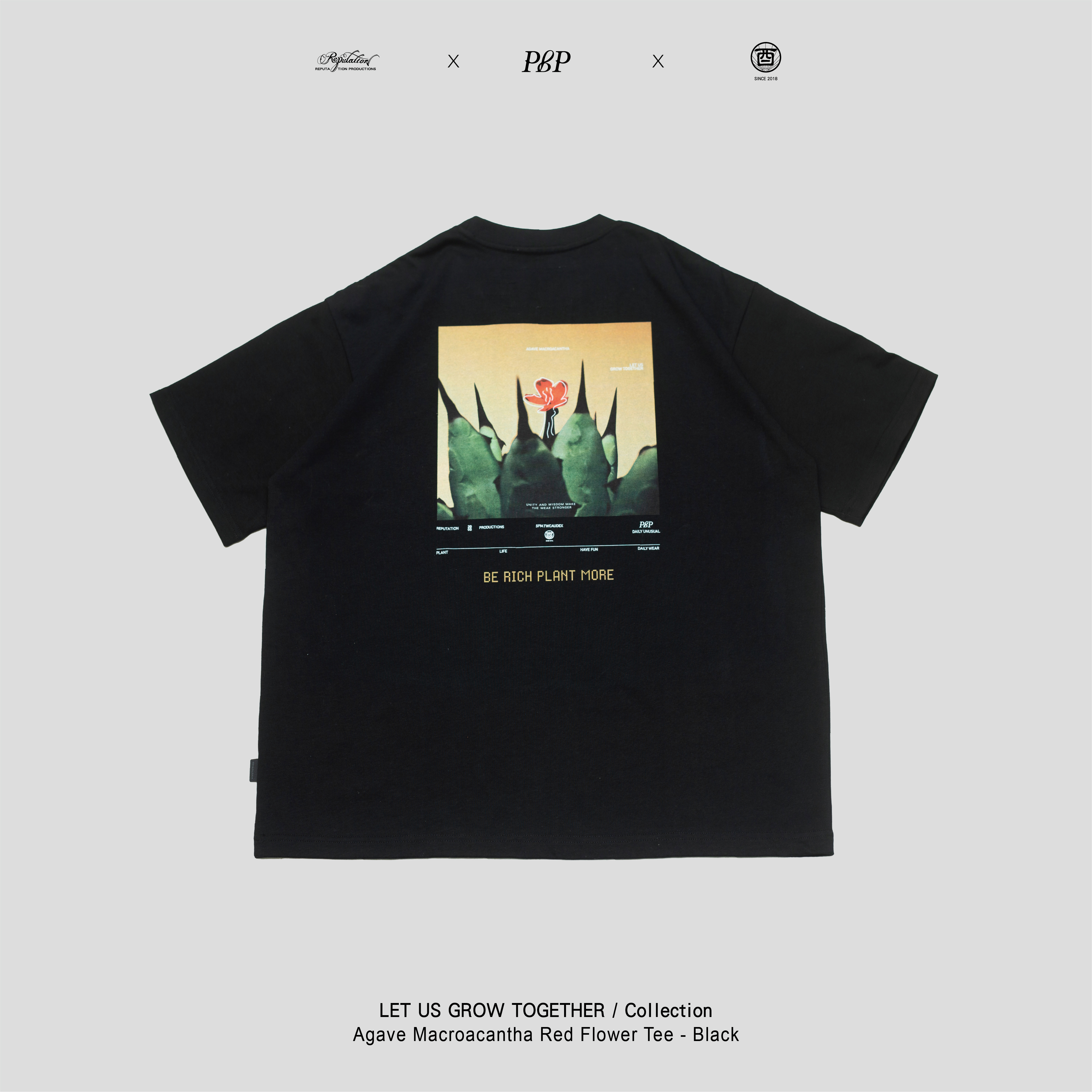 P.B.P X  酉5pm.twcaudex® X RPTN - AGAVE MACROACANTHA RED FLOWER TEE  - BLACK