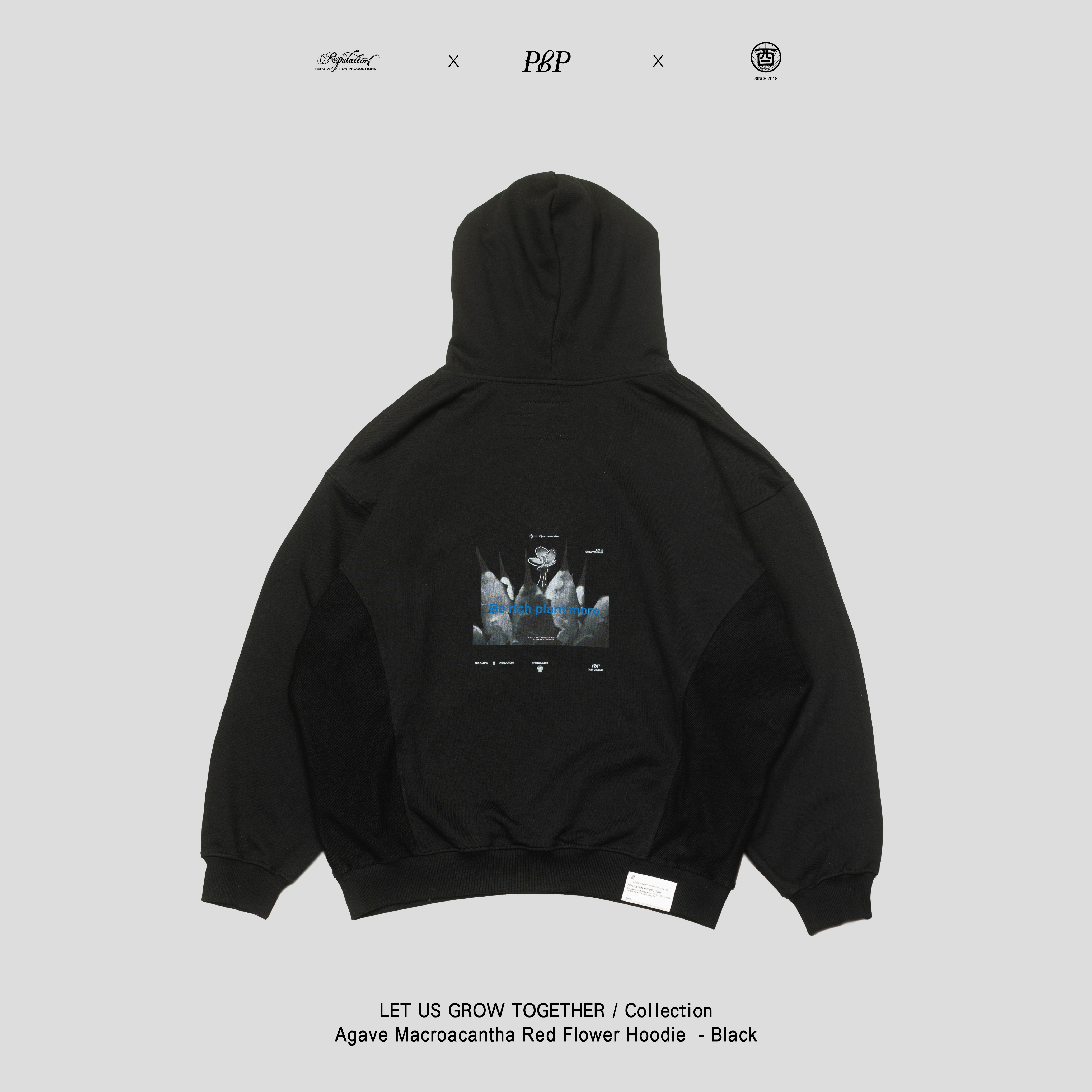 P.B.P X  酉5pm.twcaudex® X RPTN - AGAVE MACROACANTHA RED FLOWER HOODIE - BLACK