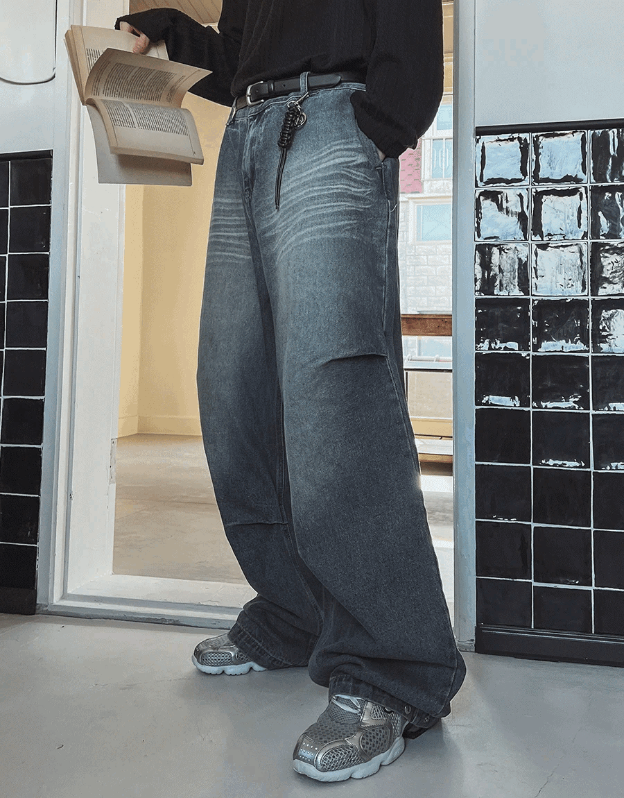 貓須水洗氣球寬鬆牛仔褲