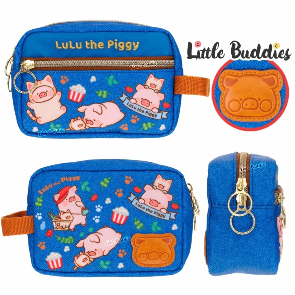 港版LuLu The Piggy Lulu豬 化妝袋 (藍色爆谷布+壓紋皮頭系列)