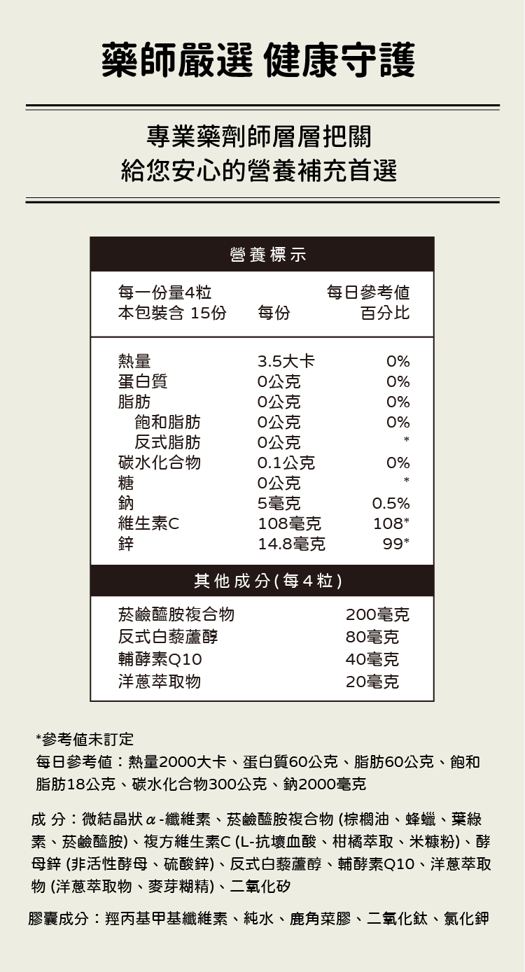 CHEGO營養補給-NADH新生靚妍膠囊，營養標示表