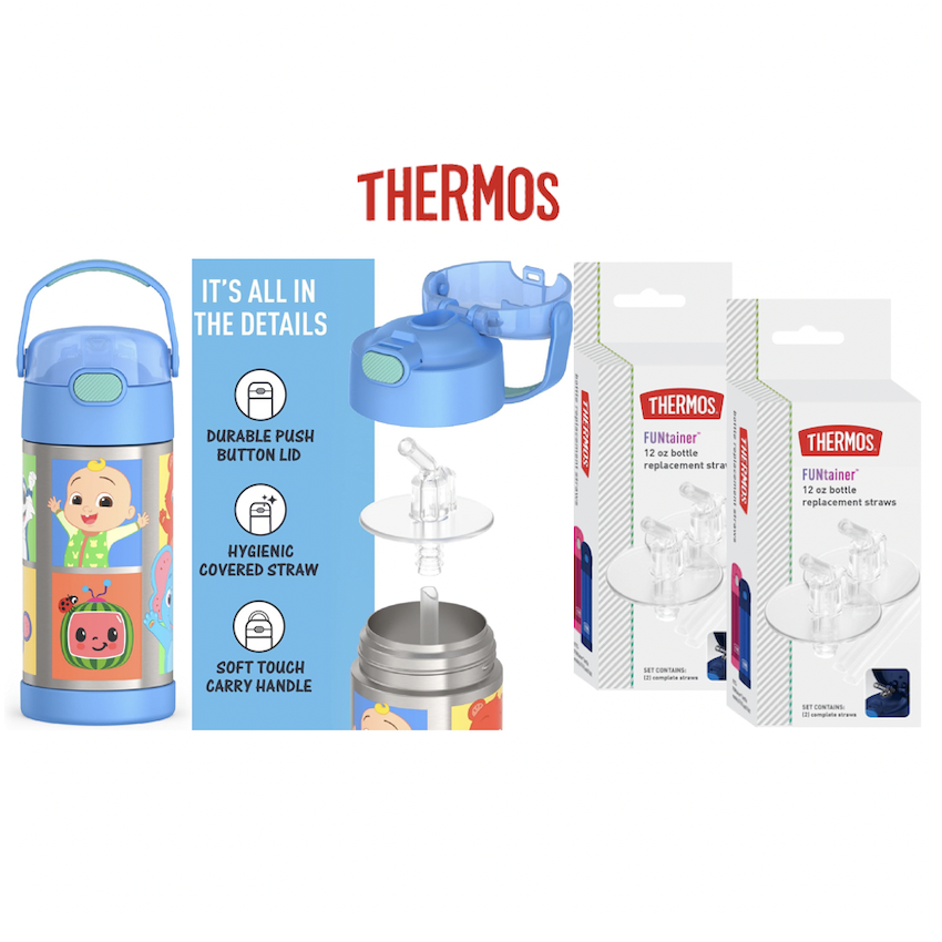 美國 Thermos 不鏽鋼真空兒童保溫吸管水壺 - Cocomelon + 吸管替換配件 (4 件裝)