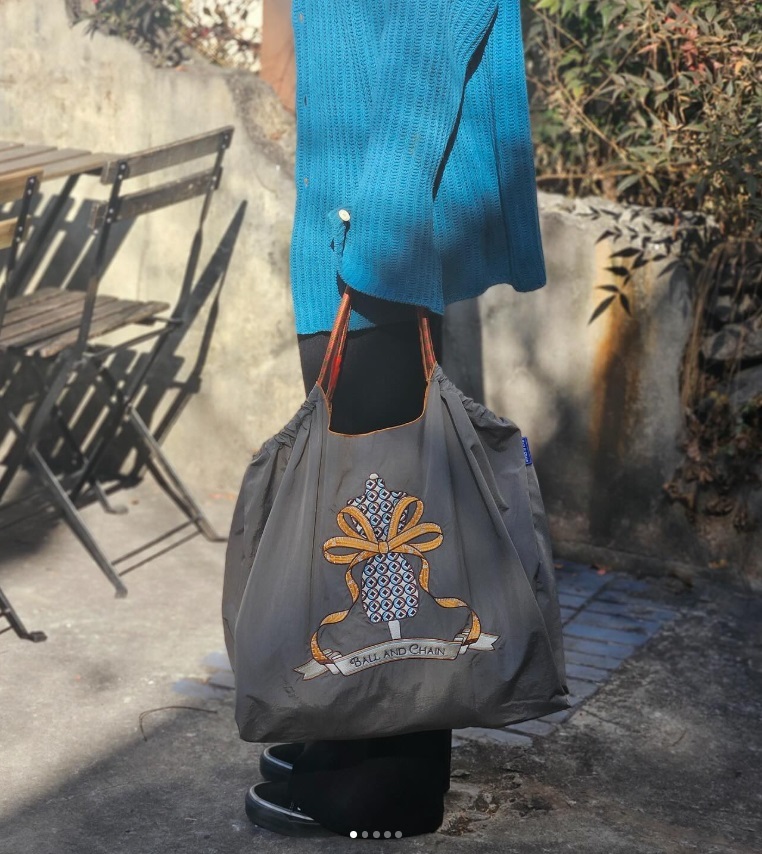 Ball＆Chain 刺繡環保購物袋 L號 - 灰 (30115085)