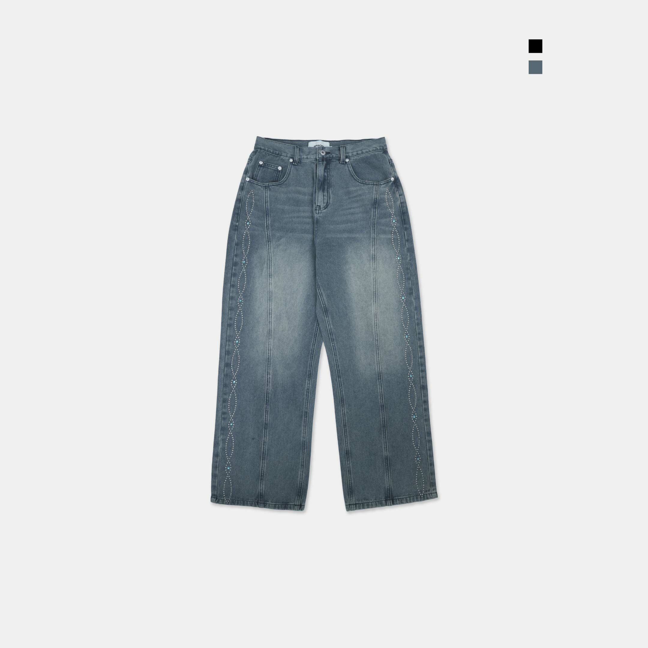 SIMON MADE BW-2501 寶石 花邊 直筒 牛仔褲