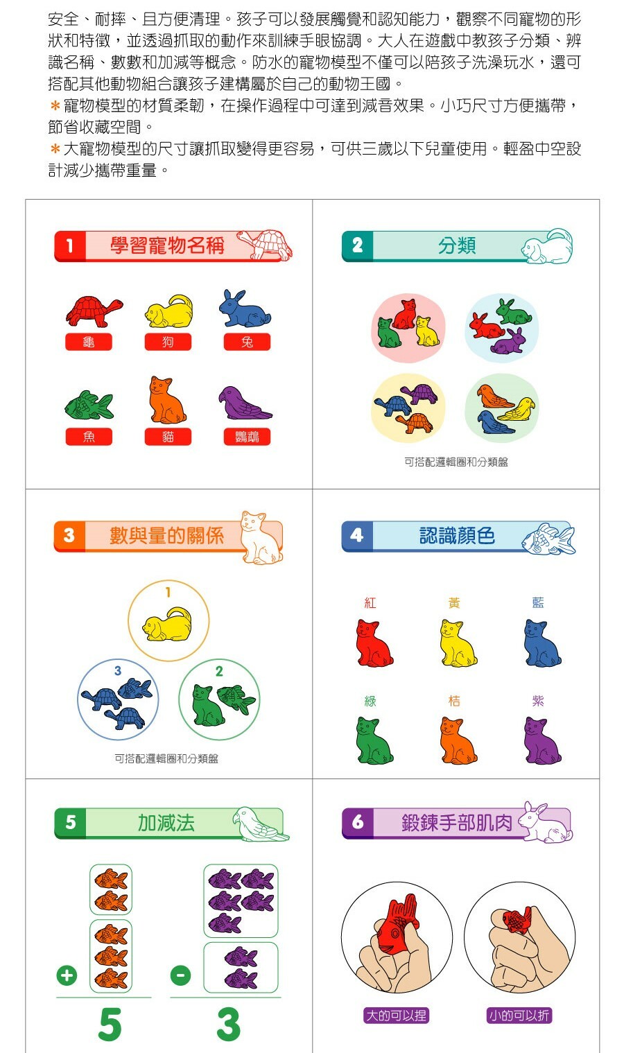 《台灣製USL遊思樂》教具 大寵物模型(中空,6形6色,48pcs)