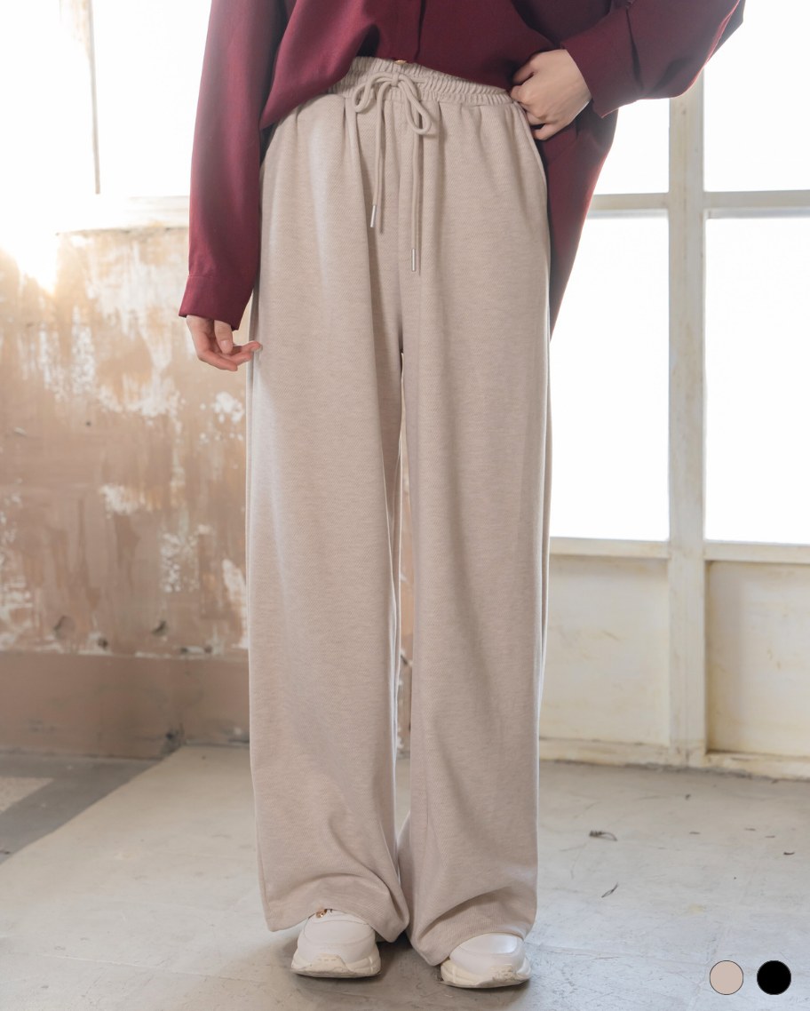 慵懶斜紋磨毛抽繩直筒褲(特價品不可退換貨)