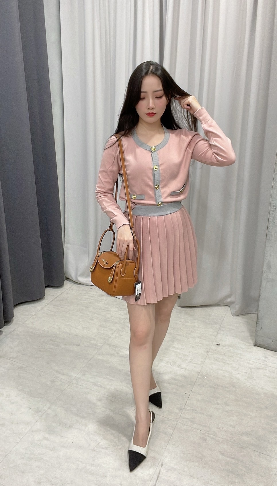 撞色針織外套+百褶裙 (灰/小雞黃/粉)