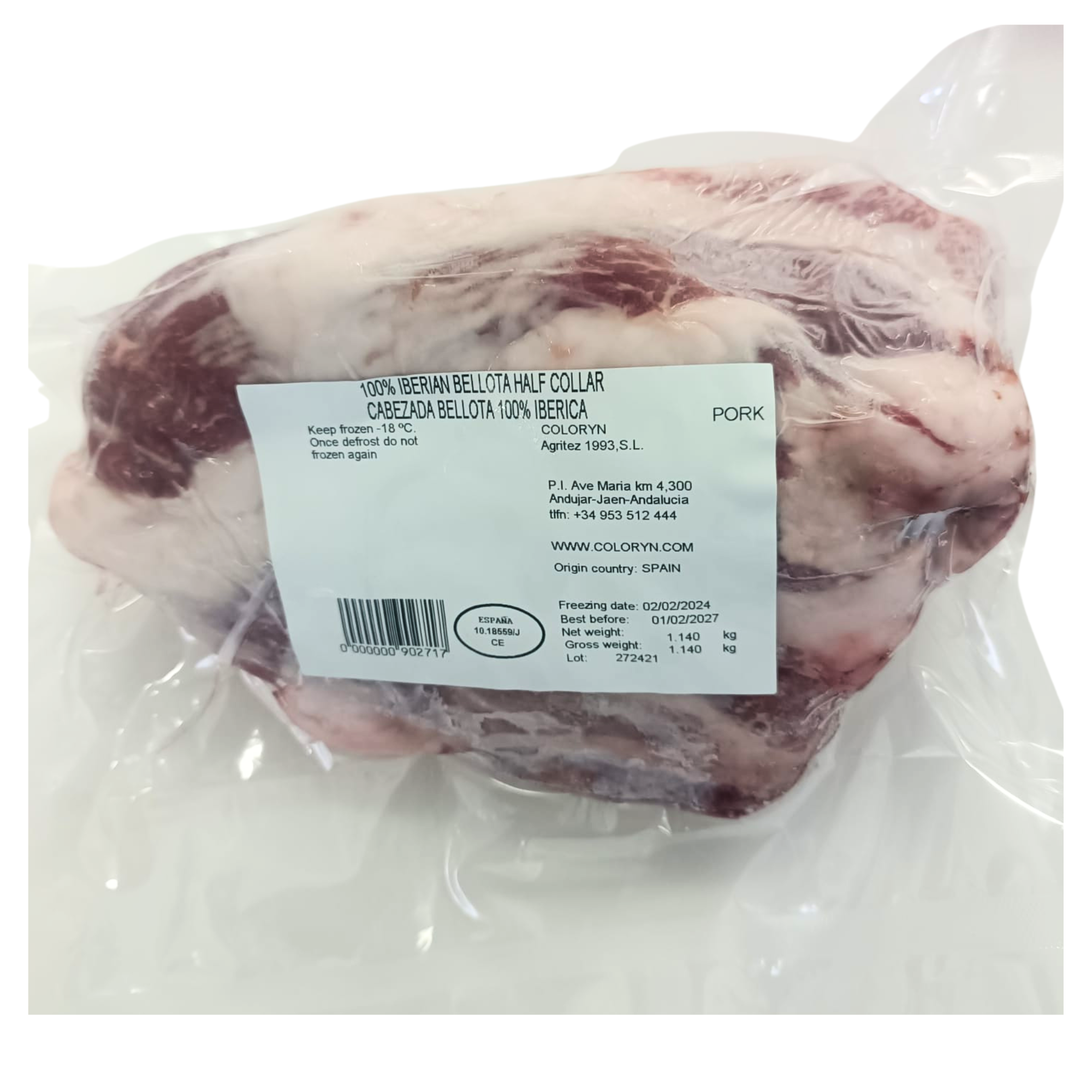 西班牙 Coloryn 100% 伊比利亞橡果黑毛豬梅頭肉 Spain Coloryn 100% Iberian Bellota Pork Half Collar 700克-900克 /包 +/-5%  (-18°C)