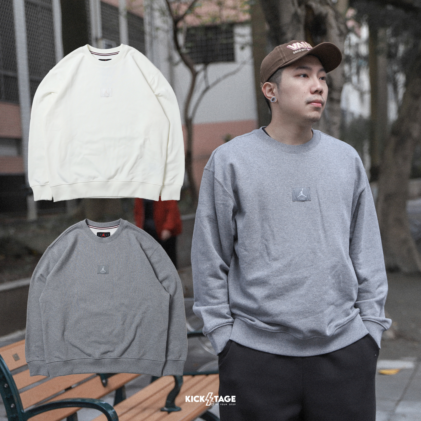 男款 NIKE AIR JORDAN FLIGHT FLEECE CREW 灰色 米白 藤原浩同款 AJ小標 刷毛 大學T【FV7260】